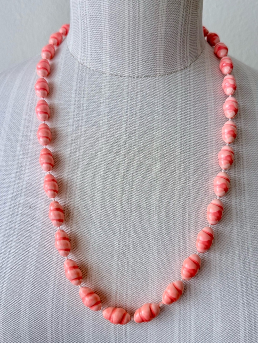Vintage Coral Pink Marbled Resin Bead Necklace Knotted Strand 23”